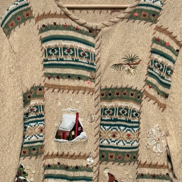 Crystal Kobe Embroidered Christmas Patchwork Tan Cardigan Sweater Womens Large - Picture 7 of 11